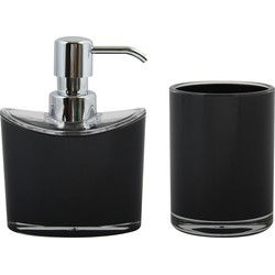 MSV Zeeppompje en drink/tandenborstel beker - badkamer set Aveiro - kunststof - zwart - Badkameraccessoireset
