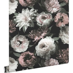 ESTAhome behang bloemen zwart, wit en zacht roze - 0,53 x 10,05 m - 139169