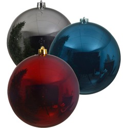 Kerstversieringen set van 6x grote kunststof kerstballen blauw-zilver-rood 14 cm glans - Kerstbal