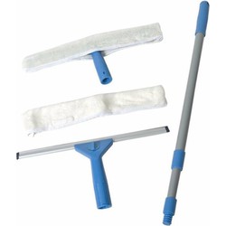 Gerimport glazenwasser set - 4-delig - blauw/wit - 71-110 cm - raamtrekkers/doek/stok - Raamwissers