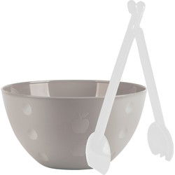 Serveerschaal/slakom - beige - kunststof - 26 cm - met sla bestek/couvert - Serveerschalen