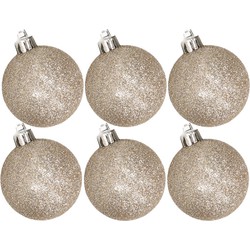 6x stuks kunststof glitter kerstballen champagne 6 cm - Kerstbal