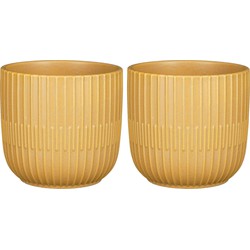 2x Stuks Plantenpot/bloempot keramiek mat okergeel stripes patroon - D14/H13 cm - Plantenpotten