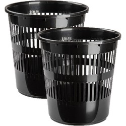 2x stuks afvalbakken/vuilnisbakken/kantoorprullenbakken plastic zwart 28 cm - Prullenmanden