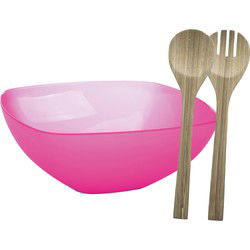Serveerschaal/slakom met bamboe sla bestek - fuchsia roze - 5,5 liter - kunststof - D30 x H12 cm - Serveerschalen