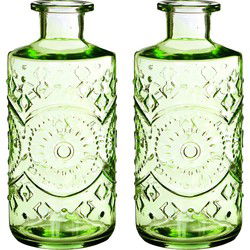 Ideas4seasons Bloemenvaas/flesvaas Berlin - 2x - met motief - helder glas - lichtgroen - D9 x H21 cm - Vazen