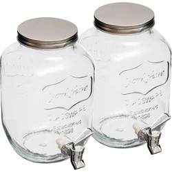 2x stuks - glazen drank dispenser 4 liter - met kunststof kraantje en schroefdeksel - Drankdispensers