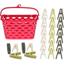 Wasknijpers ophangmandje met haak - fuchsia - en 80x gekleurde wasknijpers van 6 cm - knijperszakken
