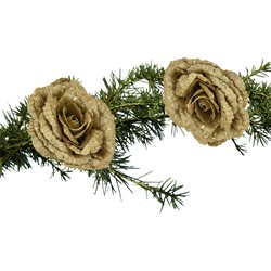 2x stuks kerstboom decoratie bloemen roos goud glitter op clip 18 cm - Kersthangers