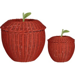 Mica Decorations Opbergmand met Deksel - Set van 2 - H48 x Ø30 cm - Rotan - Rood