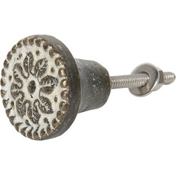 Clayre & Eef Deurknop  Ø 3 cm Bruin Wit Ijzer Rond Bloemen Meubelknop