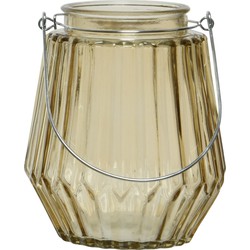 Theelichthouders/waxinelichthouders streepjes glas taupe met metalen handvat 11 x 13 cm - Waxinelichtjeshouders