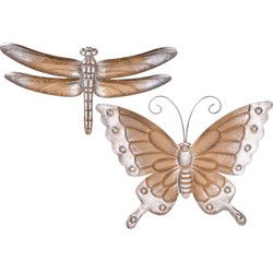 Tuindecoratie Vlinder en Libelle - 2x - lichtbruin/brons - metaal - Tuinbeelden