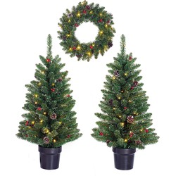 Black Box Trees Creston Set van 2 Kerstbomen en 1 Krans met LED Verlichting - Groen