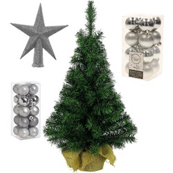 Volle kunst kerstboom 75 cm in jute zak inclusief zilveren versiering 37-delig - Kunstkerstboom