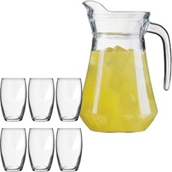 Luminarc schenkkan/waterkan van glas 1.6 liter met 6x waterglazen van 360 ml - Schenkkannen