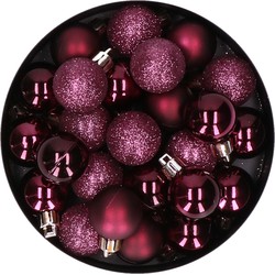 60x stuks kleine kunststof kerstballen aubergine roze 3 cm mat/glans/glitter - Kerstbal