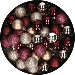 Kleine kunststof kerstversiering 40x stuks set en 3 cm kerstballen in het aubergine en champagne - Kerstbal