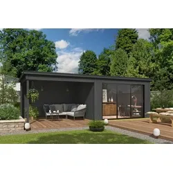 Outdoor Life blokhut Pernilla met overkapping carbon grey, 385 x 295 cm