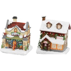 Set van 2x stuks Kerstdorp kersthuisjes bakkerij en speelgoedwinkel met verlichting 12,5 cm - Kerstdorpen