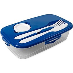 1x Voedsel plastic bewaarbakje 1 liter transparant/blauw met bestek en dressingbakje - Lunchboxen