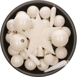 Decoris set 33x stuks kunststof kerstballen met ster piek wol wit - Kerstbal