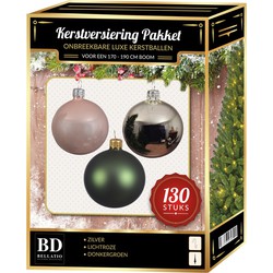 Zilveren/donkergroene/lichtroze kerstballen pakket 130-delig voor 180 cm boom - Kerstbal
