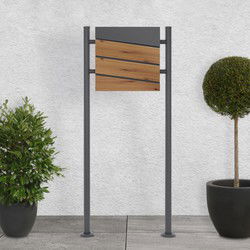 Staande brievenbus met krantenvak 37x36,5x11 cm antraciet/houtlook gemaakt van staal ML design, modern diagonaal ontwerp, stahoogte 120cm antraciet dubbele bodem