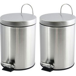 MSV kleine pedaalemmer - 2x - rvs - zilver - 3L - 16 x 25 cm - Badkamer/toilet - Pedaalemmers