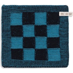 Knit Factory Gebreide Pannenlap Block - Zwart/Ocean - 23x23 cm