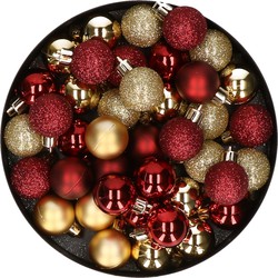 Kleine kunststof kerstversiering 40x stuks set en 3 cm kerstballen in het goud en donkerrood - Kerstbal