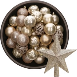 37x stuks kunststof kerstballen 6 cm incl. ster piek champagne - Kerstbal
