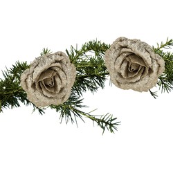 2x stuks kerstboom bloemen roos champagne glitter op clip 18 cm - Kersthangers