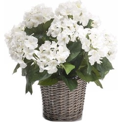 Kunstplant Hortensia bloemen in mand - H45 cm - Met bloemen - wit - Kunstplanten