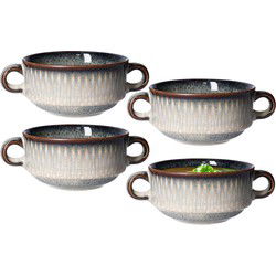 Cosy & Trendy Kommetjes/soepkommen voor dessert/ontbijt - 8x - Keramiek - D11 x 6 cm - grijs/groen print - Kommetjes