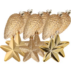 Dennenappels en sterren kerstornamenten - 12 stuks - kunststof - goud - Kersthangers