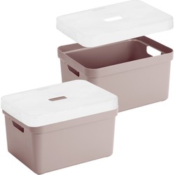2x stuks opbergboxen/opbergmanden roze van 13 liter kunststof met transparante deksel - Opbergbox