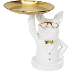 Beeld Bulldog Butler Wit met Goudkleurige dienblad - H23 cm