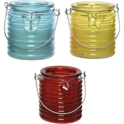 Citronella kaars - in windlicht - 3x - blauw/geel en rood - 20 branduren - citrusgeur - geurkaarsen