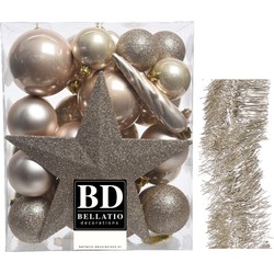 Kerstversiering kerstballen 5-6-8 cm met ster piek en folieslingers pakket champagne van 35x stuks - Kerstbal