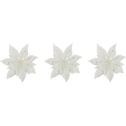 6x stuks decoratie bloemen kerstster wit glitter op clip 15 cm - Kunstbloemen