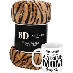 Cadeau moeder set - Fleece plaid/deken tijger print met Awesome Mom mok - Plaids