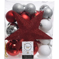 33x Kunststof kerstballen mix zilver/wit/rood 5-6-8 cm kerstboom versiering/decoratie - Kerstbal