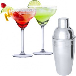 Set van 4x Margarita cocktailglazen met cocktailshaker semi-mat RVS - Cocktailglazen