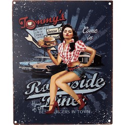 Clayre & Eef Tekstbord  20x25 cm Blauw Ijzer Tommy's Roadside Diner Wandbord