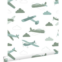ESTAhome behang vliegtuigen vergrijsd groen en blauw - 50 x 900 cm - 139804
