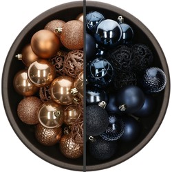 74x stuks kunststof kerstballen mix van donkerblauw en camel bruin 6 cm - Kerstbal