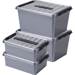 Opberg boxen set 6x stuks 12 en 22 liter kunststof grijs met deksel - Opbergbox