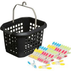 Wasknijpers ophang mandje/bakje - zwart - met 40x plastic soft grip knijpers - knijperszakken