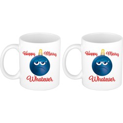 Set van 2x stuks kerstcadeau mokken / bekers Happy Merry whatever chagrijnige blauwe kerstbal 300 ml - Bekers